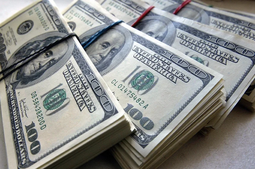 Стопки банкнот по 100 долларов США, иллюстрирующие продажу более миллиарда долларов Нацбанком на межбанке